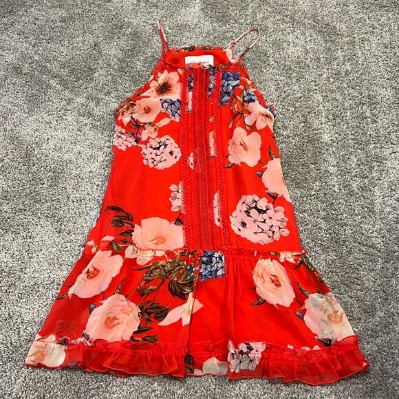 EUC Nicholas X Revolve Red Floral Silk Mini Dress Size 2 sleeveless ruffle lace - Picture 1 of 16